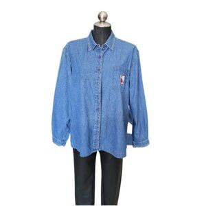 Vintage Denim Button-Up Shirt with Embroidered Santa Sz XL